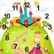 Orologio alluminio quadrato con castello e principessa, dettagli fiabeschi e delicati. Adatto per la cameretta di una bambina.