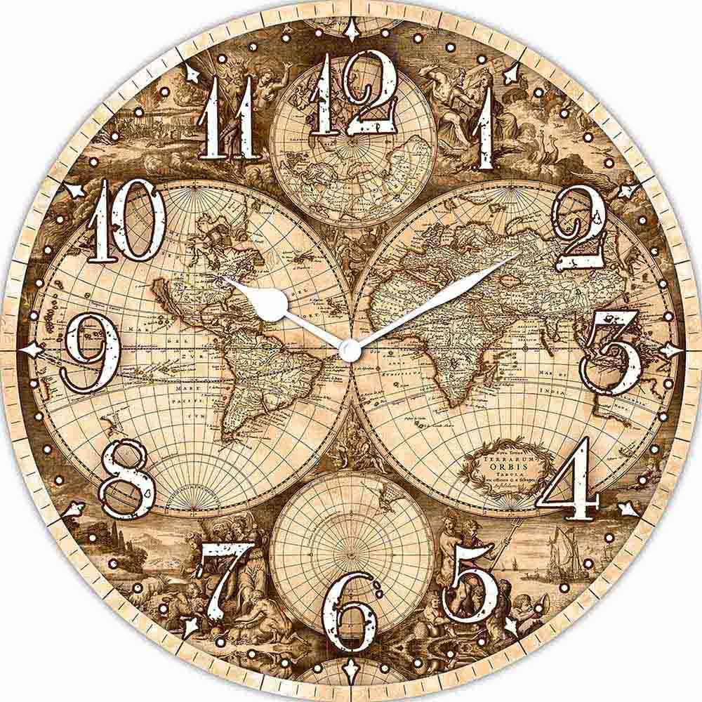 Orologio alluminio rotondo con antica mappa del mondo in stile vintage. Toni seppia e dettagli cartografici raffinati, perfetto per ambienti classici.
