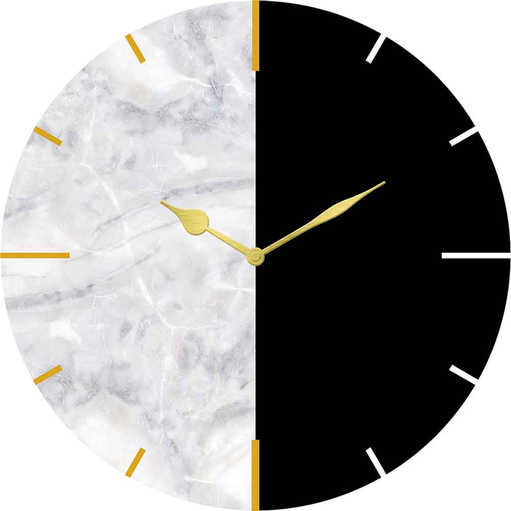 Orologio alluminio rotondo con texture marmo bianco e nero, elegante e raffinato. Perfetto per interni sofisticati.