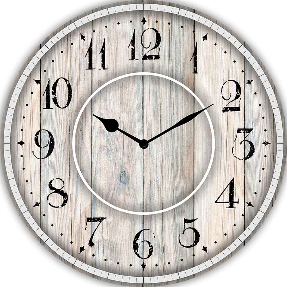 Orologio alluminio rotondo con effetto legno vintage, sfondo chiaro con venature naturali e numeri neri in stile retrò. Perfetto per ambienti rustici.