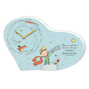 Orologio bomboniera in legno a cuore con illustrazione del Piccolo Principe e una frase ispiratrice, ideale per un tocco fiabesco.