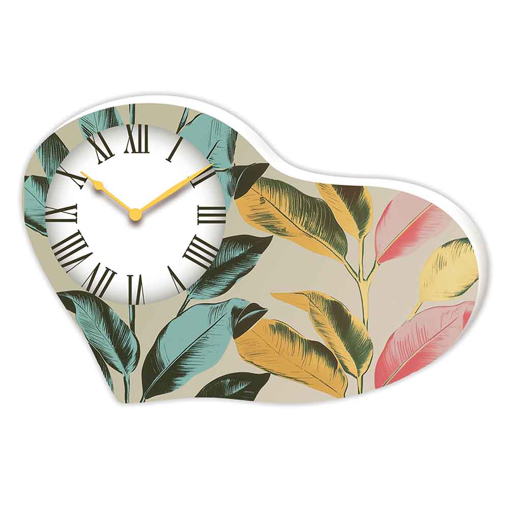 Orologio bomboniera in legno a cuore con decorazione pop art di foglie colorate, dal design moderno e vivace.