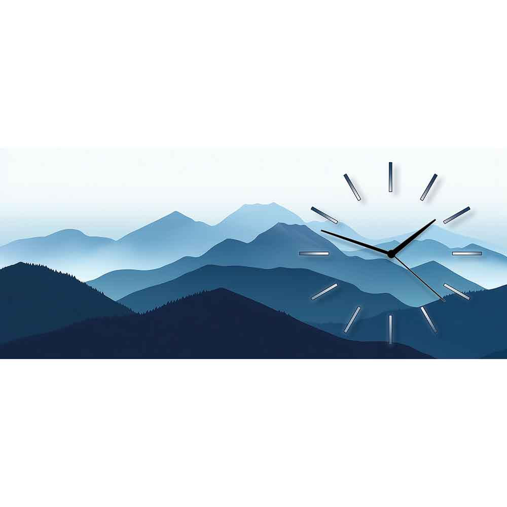 Orologio in plexiglass con paesaggio di montagne blu stilizzate, effetto sfumato per un design elegante e rilassante.