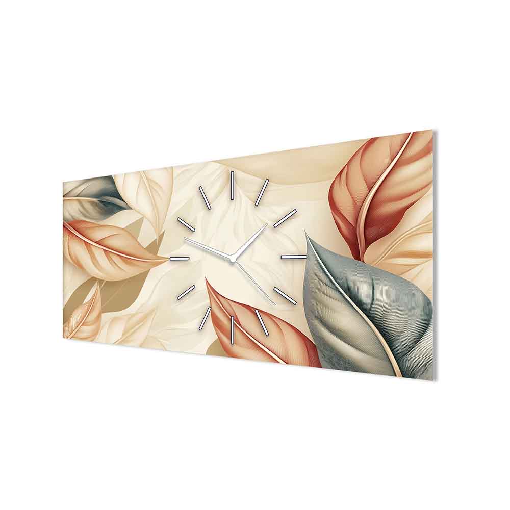 Vista laterale dell'orologio in plexiglass con decorazione di foglie dorate, esaltandone la trasparenza e la finezza del design.