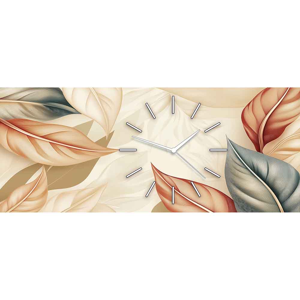Orologio in plexiglass con elegante decoro di foglie dorate su sfondo chiaro, perfetto per ambienti sofisticati.