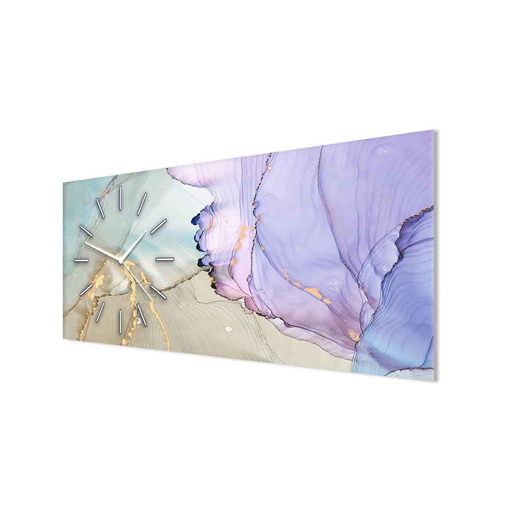 Vista laterale di un orologio in plexiglass con decorazione astratta rosa e oro, mettendo in risalto la brillantezza del materiale.