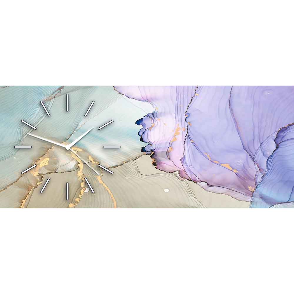 Orologio in plexiglass con decorazione astratta effetto fluido nei toni del rosa e dell’oro, ideale per ambienti eleganti e moderni.