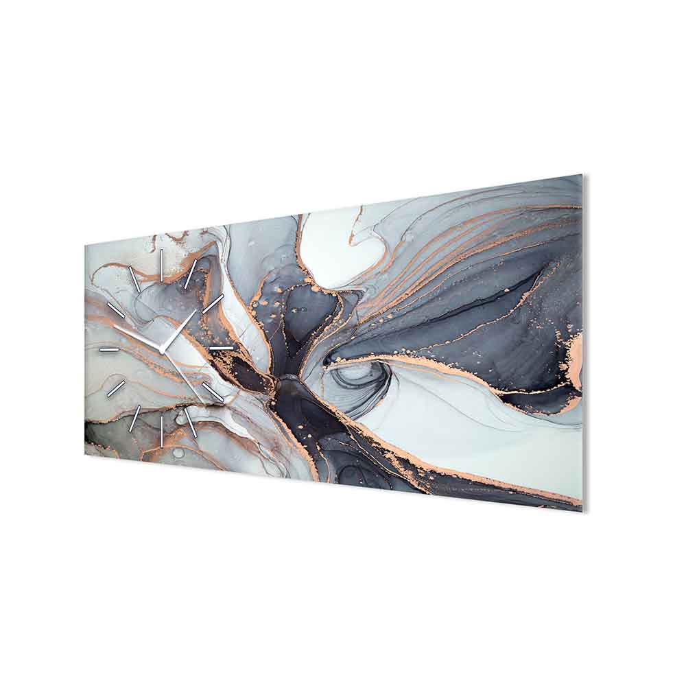 Vista laterale di un orologio in plexiglass con decorazione effetto marmo grigio, esaltando la texture sofisticata e il design minimal.