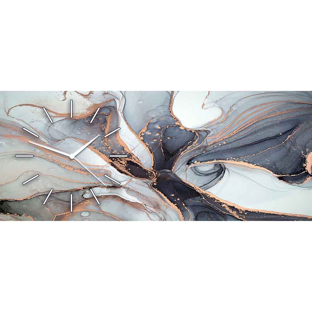 Orologio in plexiglass con decorazione effetto marmo grigio, dal design sofisticato e neutro adatto a qualsiasi ambiente.