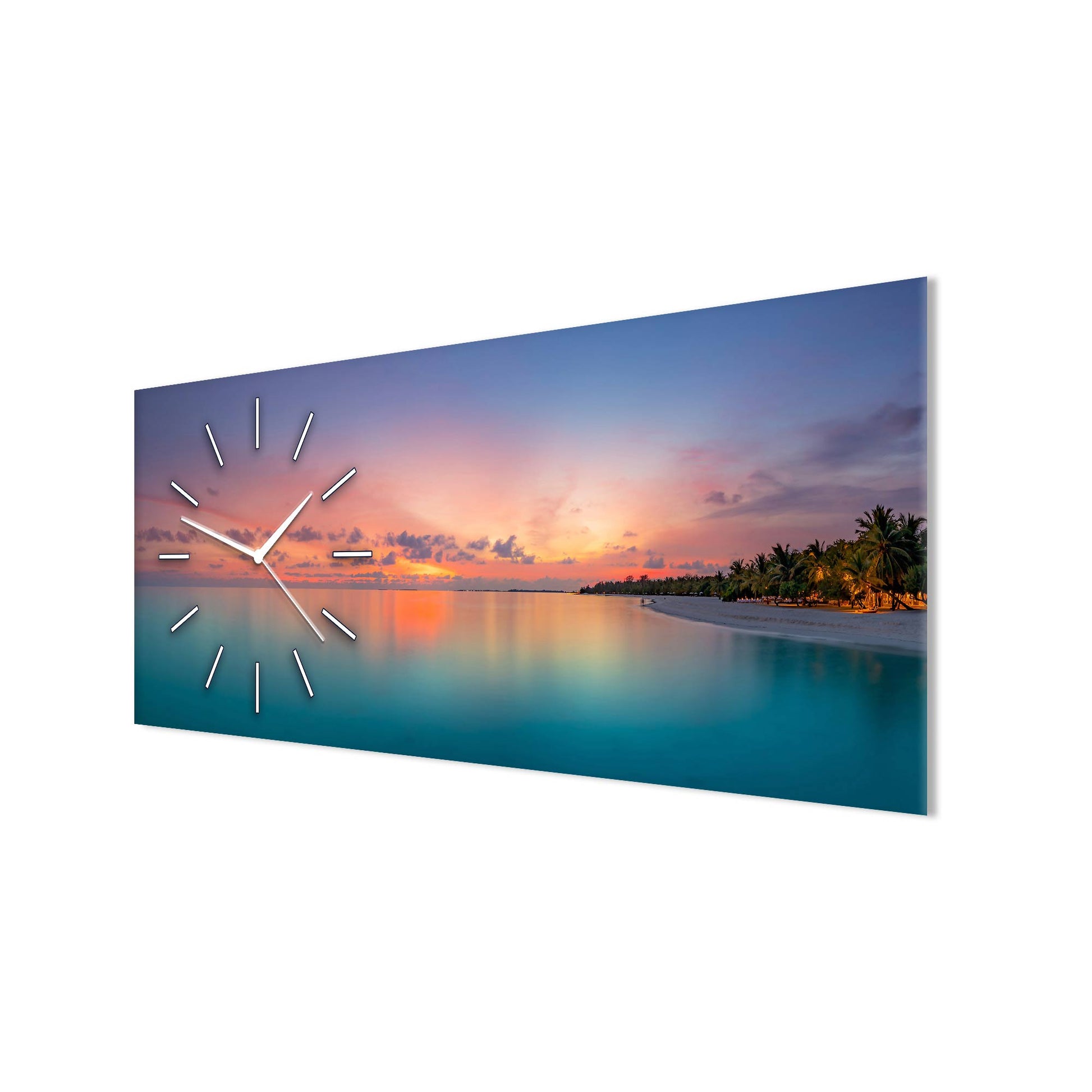 Vista laterale di un orologio in plexiglass con decorazione di un tramonto paradisiaco, enfatizzando i colori vividi.