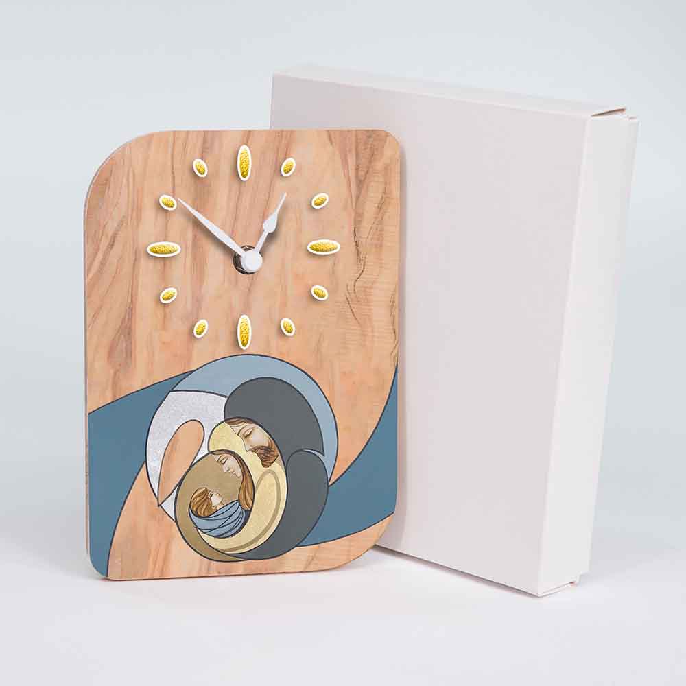 Orologio in ulivo da tavolo con Sacra Famiglia a colori, a fianco della sua scatola elegante, perfetto come regalo significativo.