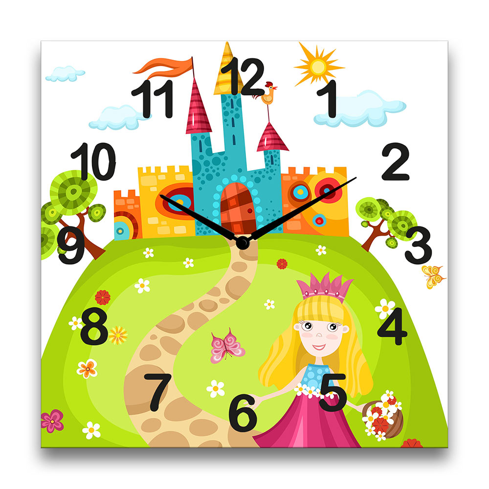 orologio da parete per cameretta colorato con un castello e una principessa