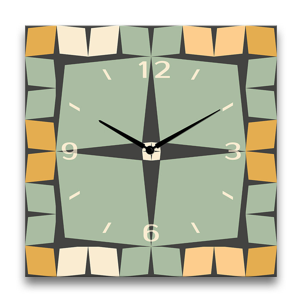 orologio da parete quadrato in alluminio stile geoemtrico verde salvia e senape