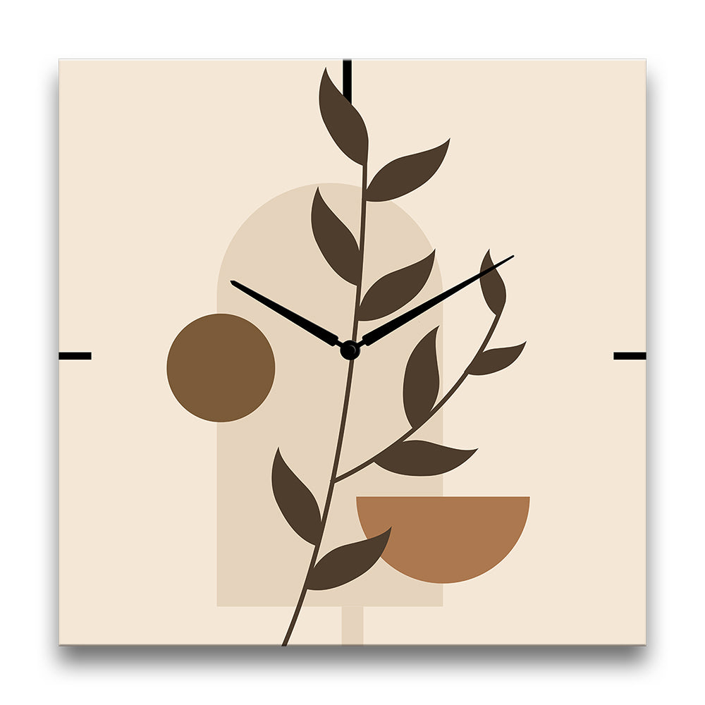 orologio da parete quadrato con un fiore minimal sui toni del marrone e del beige