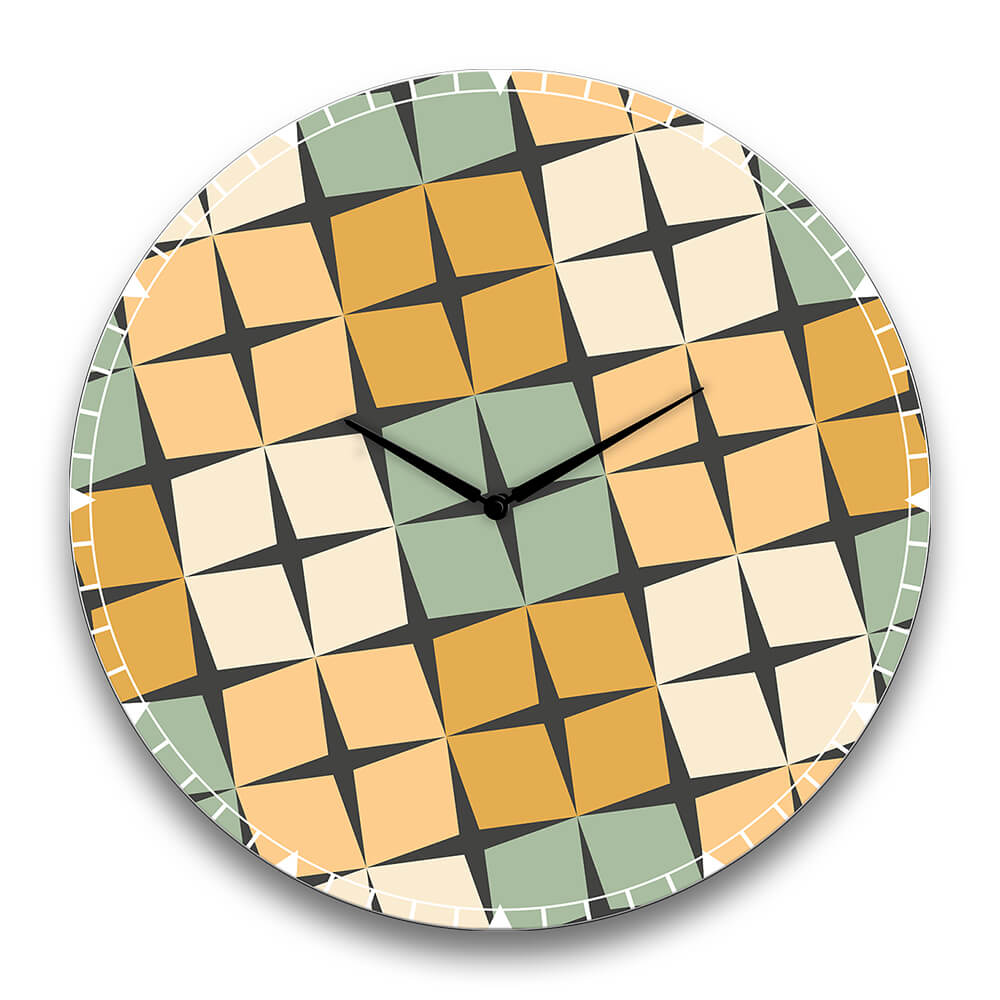 orologio da parete rotondo con forme geometriche verde salvia, senape e beige