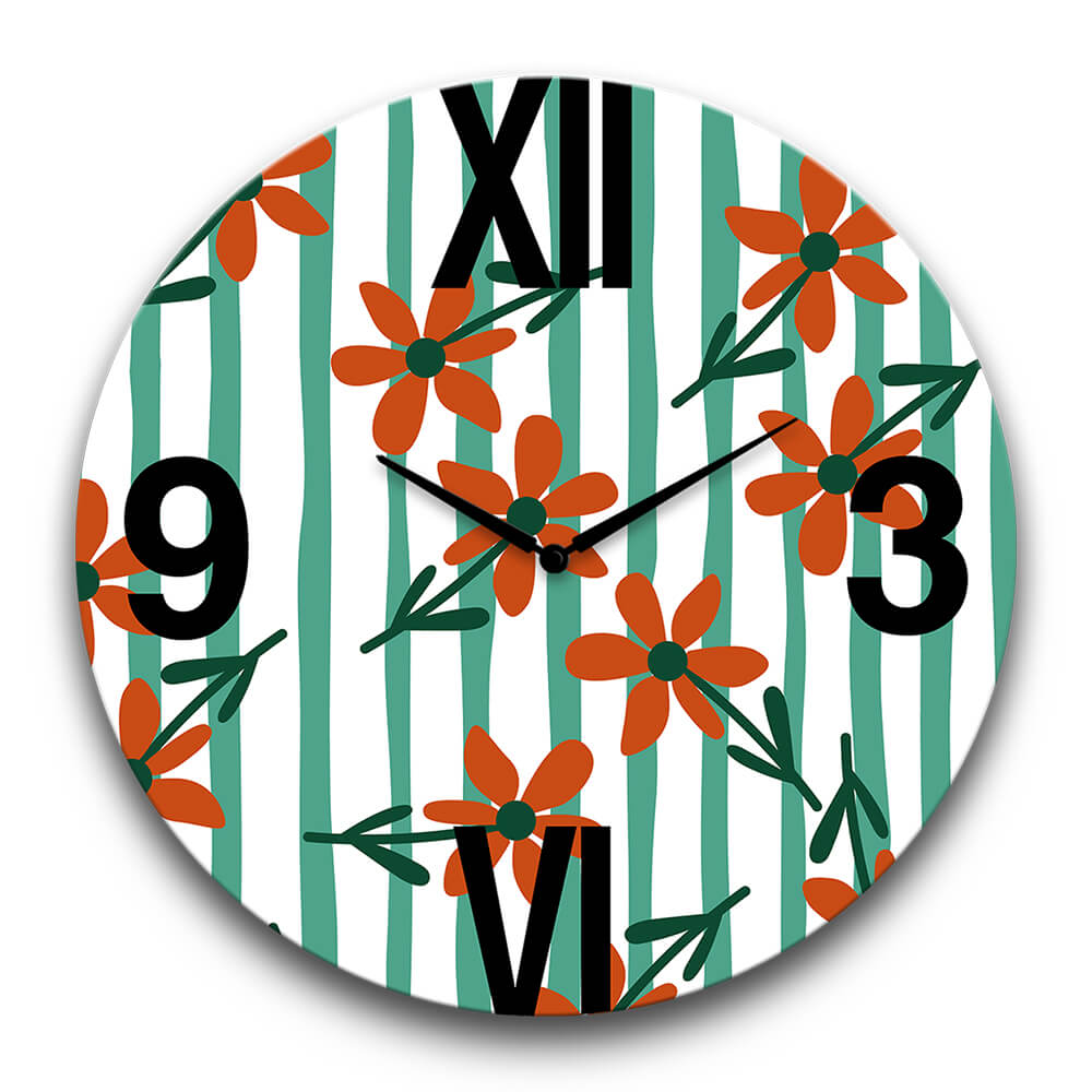 orologio da parete rotondo con fiori verdi e arancioni