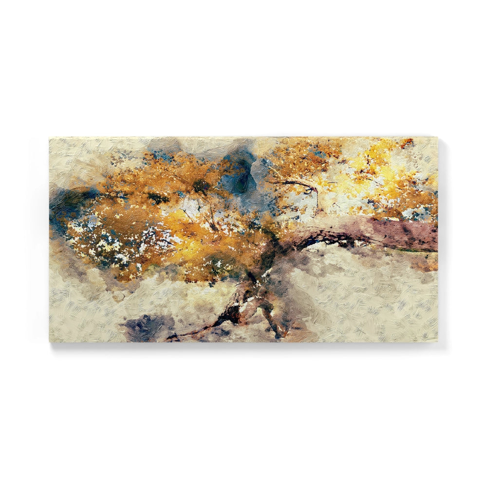Quadro su tela con albero dai rami dorati su sfondo blu intenso, dettagli materici evidenti, creando un effetto tridimensionale e luminoso.