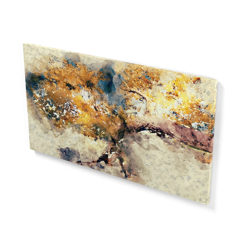 Vista laterale del quadro su tela raffigurante un albero con rami dorati su sfondo blu, evidenziando la texture e la profondità dei dettagli pittorici.