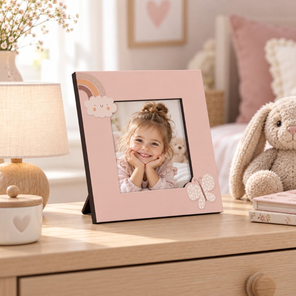 Portafoto rosa stile boho 15×15 cm con foto di una bambina, ambientato su una cassettiera in una cameretta