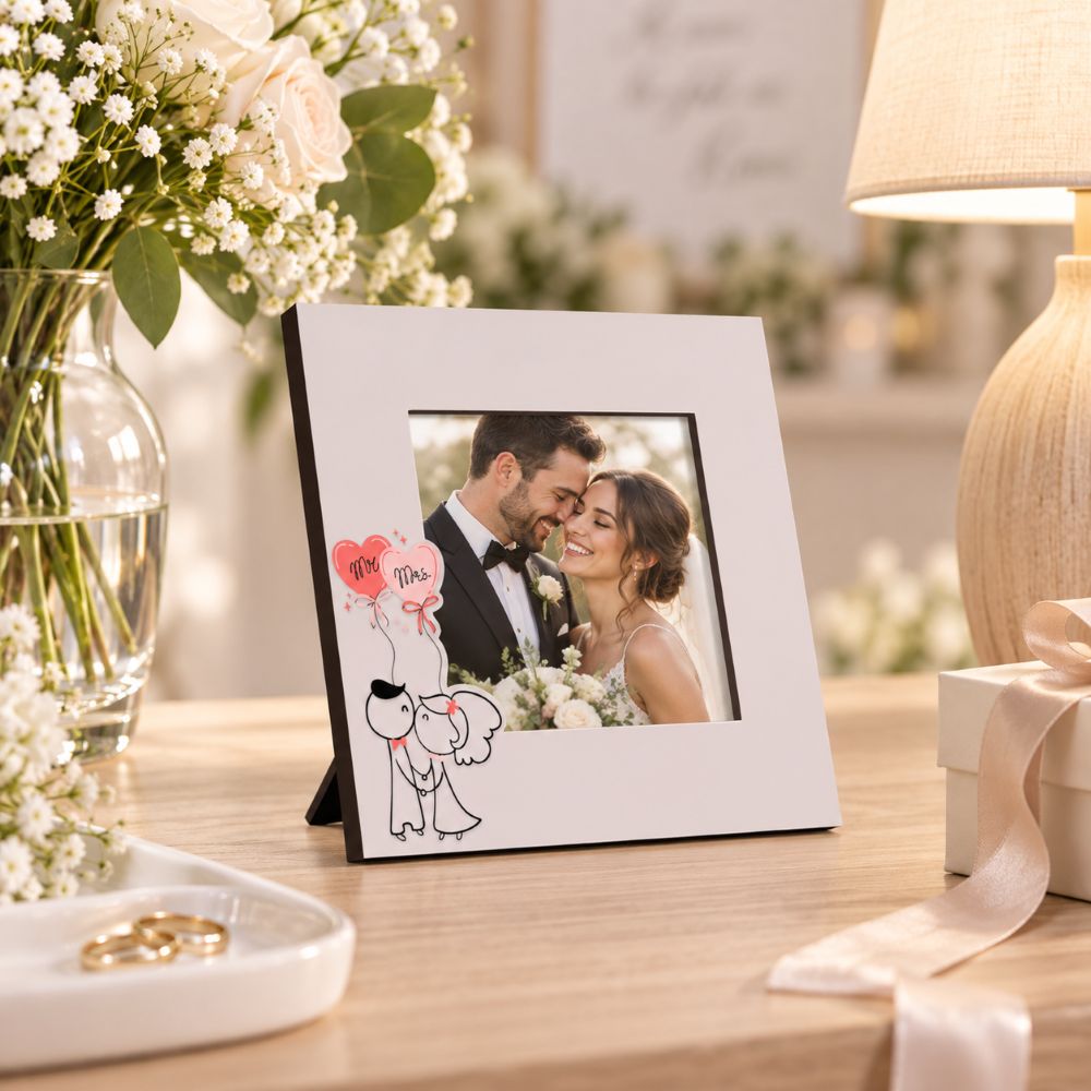 Portafoto Sposi Mr & Mrs 15×15 cm con foto degli sposi, ambientato su un tavolo con fiori e dettagli coordinati al matrimonio.