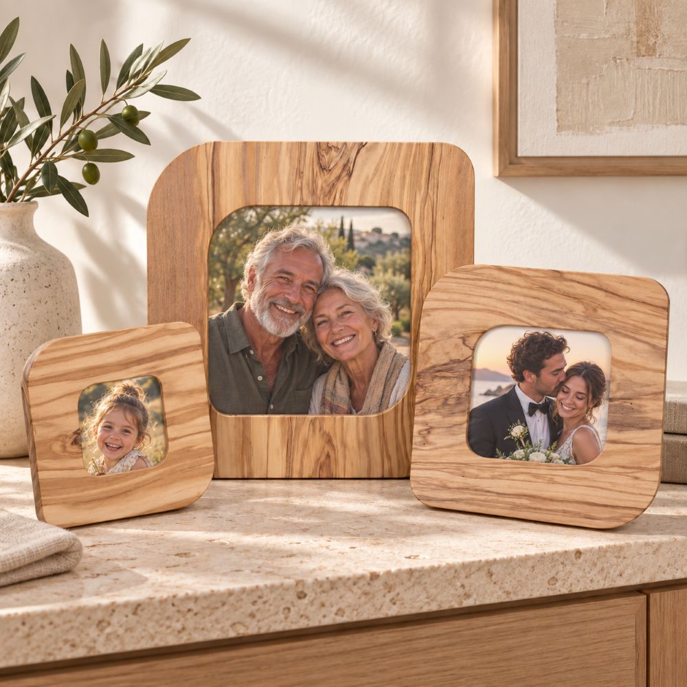 Portafoto in legno d’ulivo nelle misure 10×10, 15×15 e 21×21 cm, ambientati con fotografie di famiglia