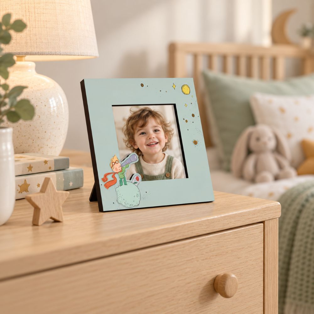 Portafoto con il Piccolo Principe da 15×15 cm con foto di un bambino, ambientato su una cassettiera in una cameretta dai toni naturali
