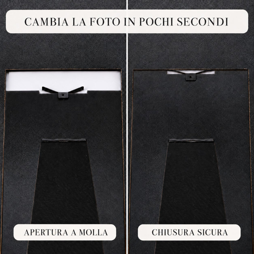 Sistema a molla del portafoto mostrato aperto e chiuso, per cambiare la fotografia in pochi secondi