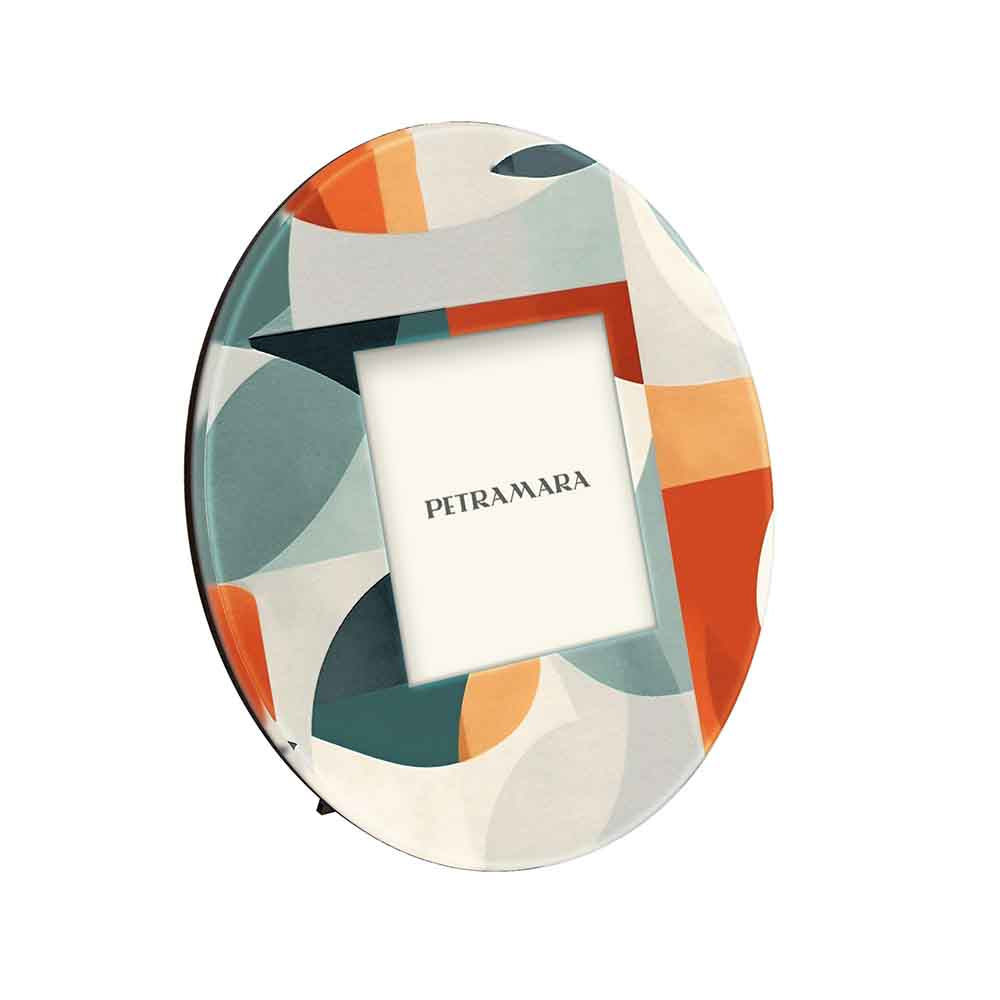 Vista laterale di portafoto vetro rotondo con design minimalista, linee pulite per un look essenziale.