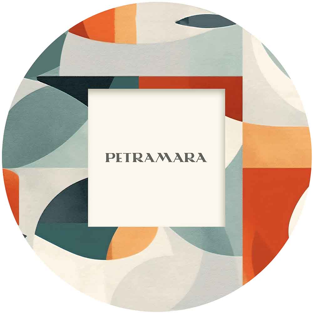 Portafoto vetro rotondo con decorazione minimalista, stile sobrio ed elegante per ambienti moderni.