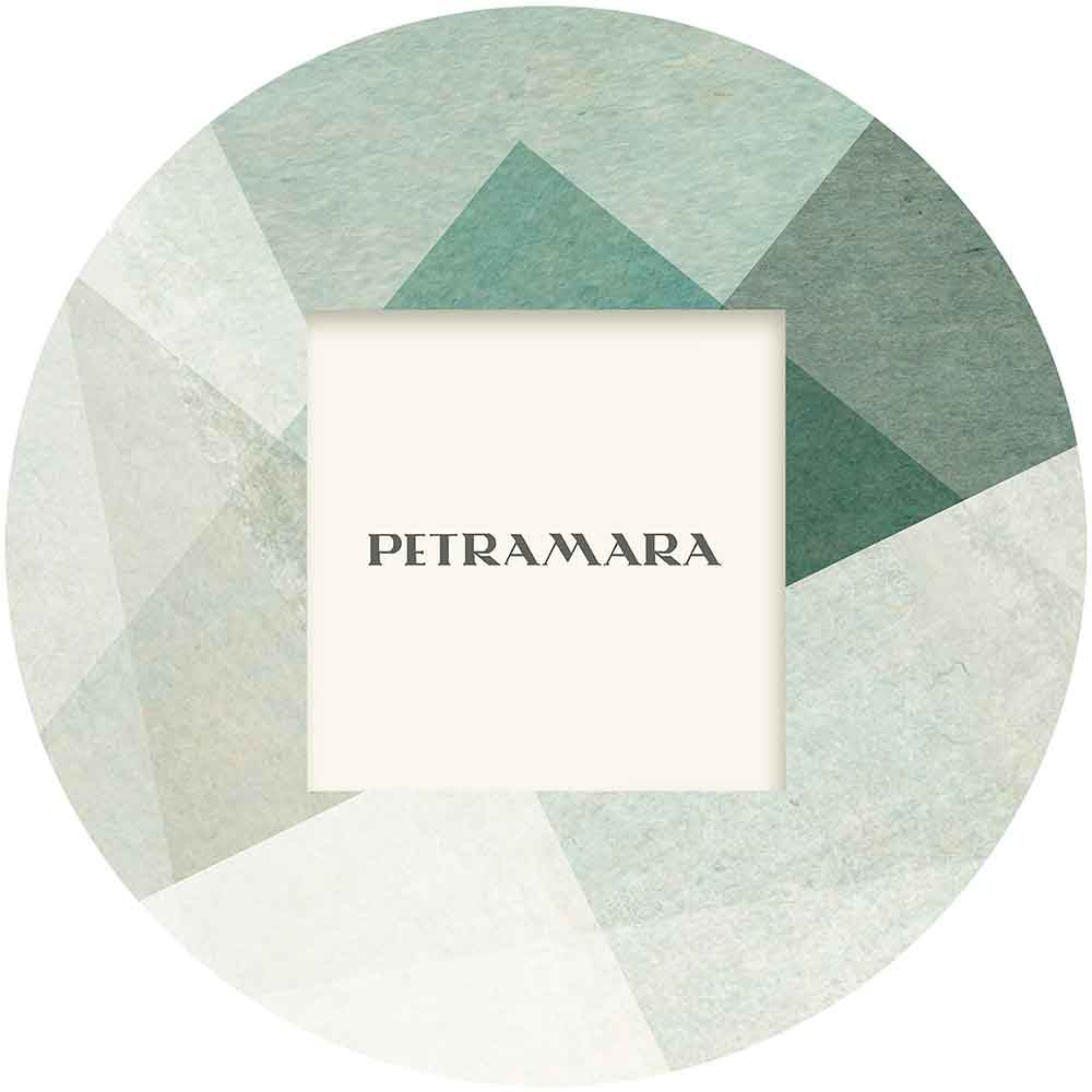 Portafoto vetro rotondo con decoro di forme astratte, design moderno e dinamico.