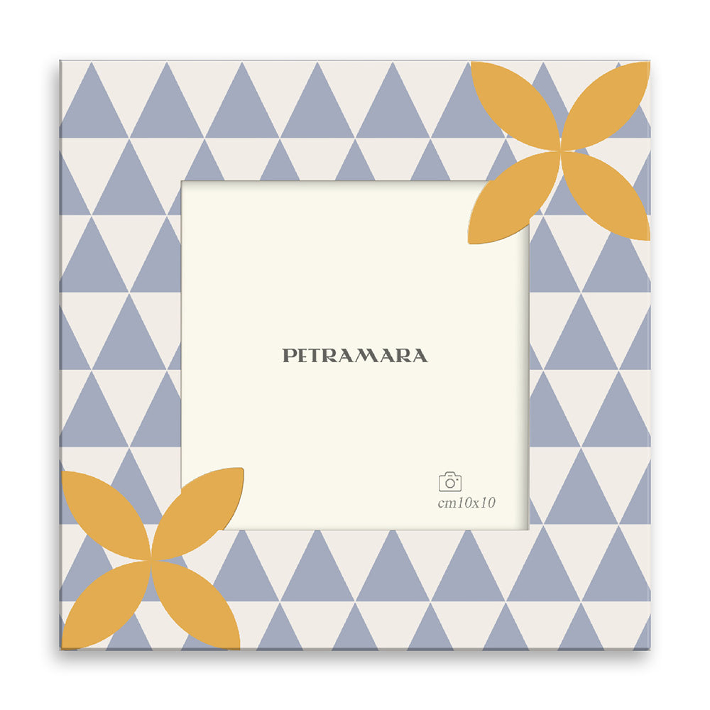 Portafoto in legno "Fiori e Trame Azzurro" - Pattern Geometrico Triangoli e Fiori Stilizzati