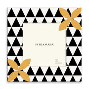 Portafoto in legno "Fiori e Trame Black" - Pattern Geometrico Triangolare con Fiori Oro