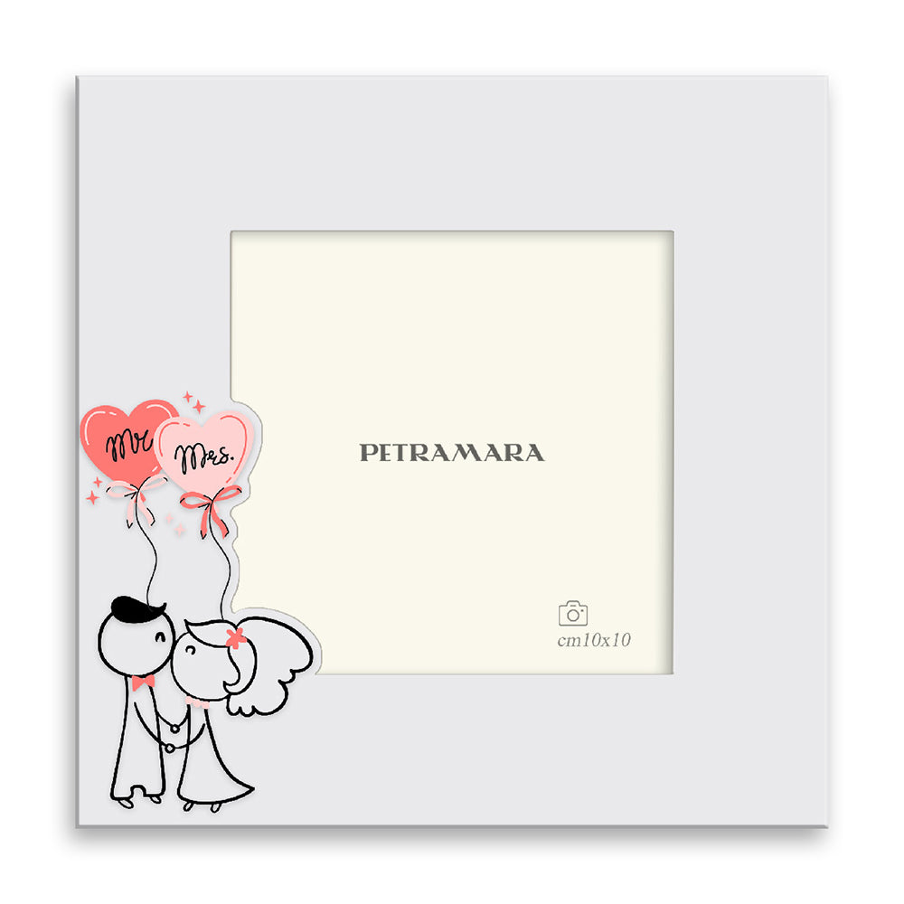 Portafoto in legno "Mr & Mrs" - Sposi Cartoon con Palloncini a Cuore