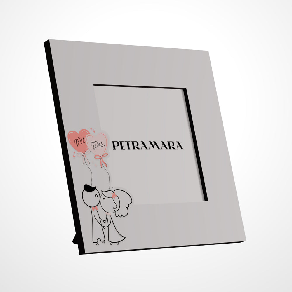 Portafoto in legno "Mr & Mrs" - Sposi Cartoon con Palloncini a Cuore