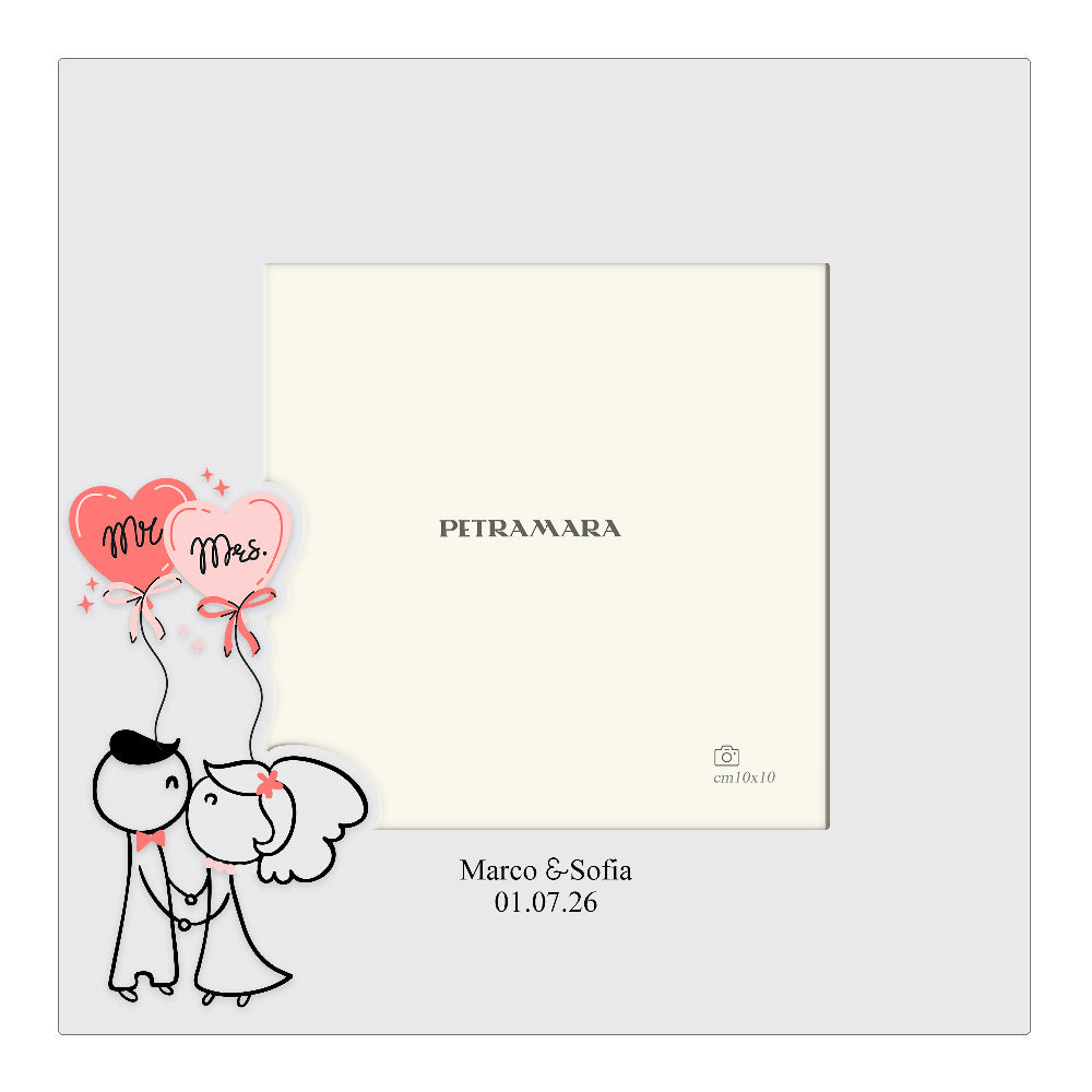 Portafoto in legno "Mr & Mrs" - Sposi Cartoon con Palloncini a Cuore