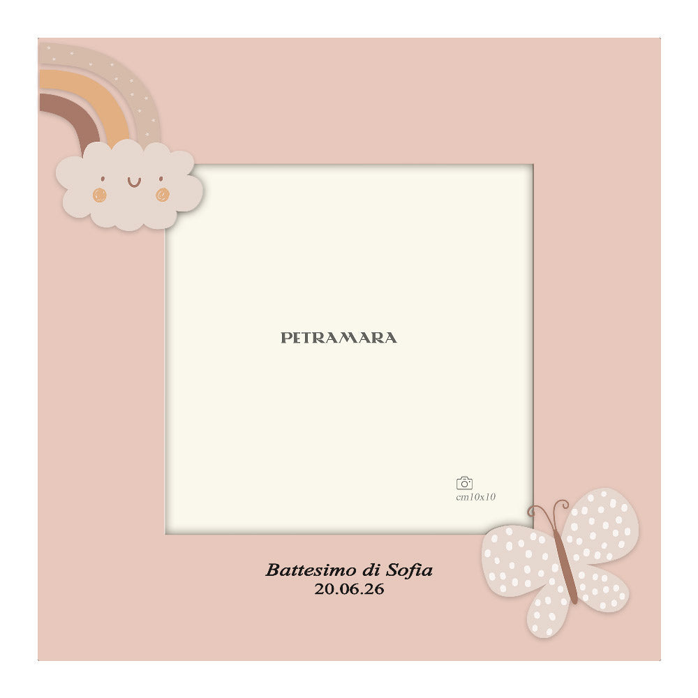 Portafoto in legno "Sweet Deco Old Rose" - Nuvola con Arcobaleno e Farfalla a Pois