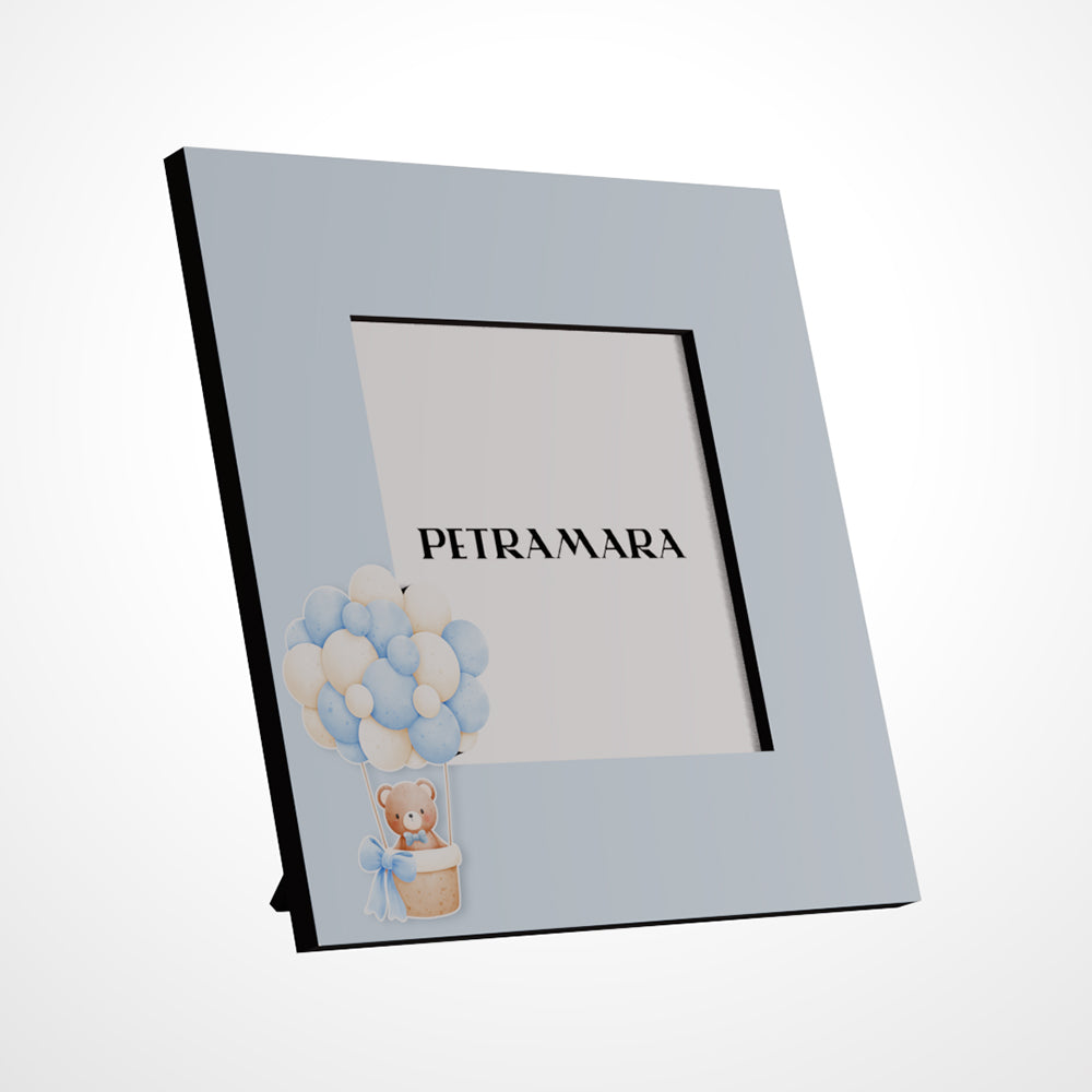 Portafoto in legno "Teddy Balloon Azzurro" - Orsetto in Mongolfiera con Palloncini Azzurri