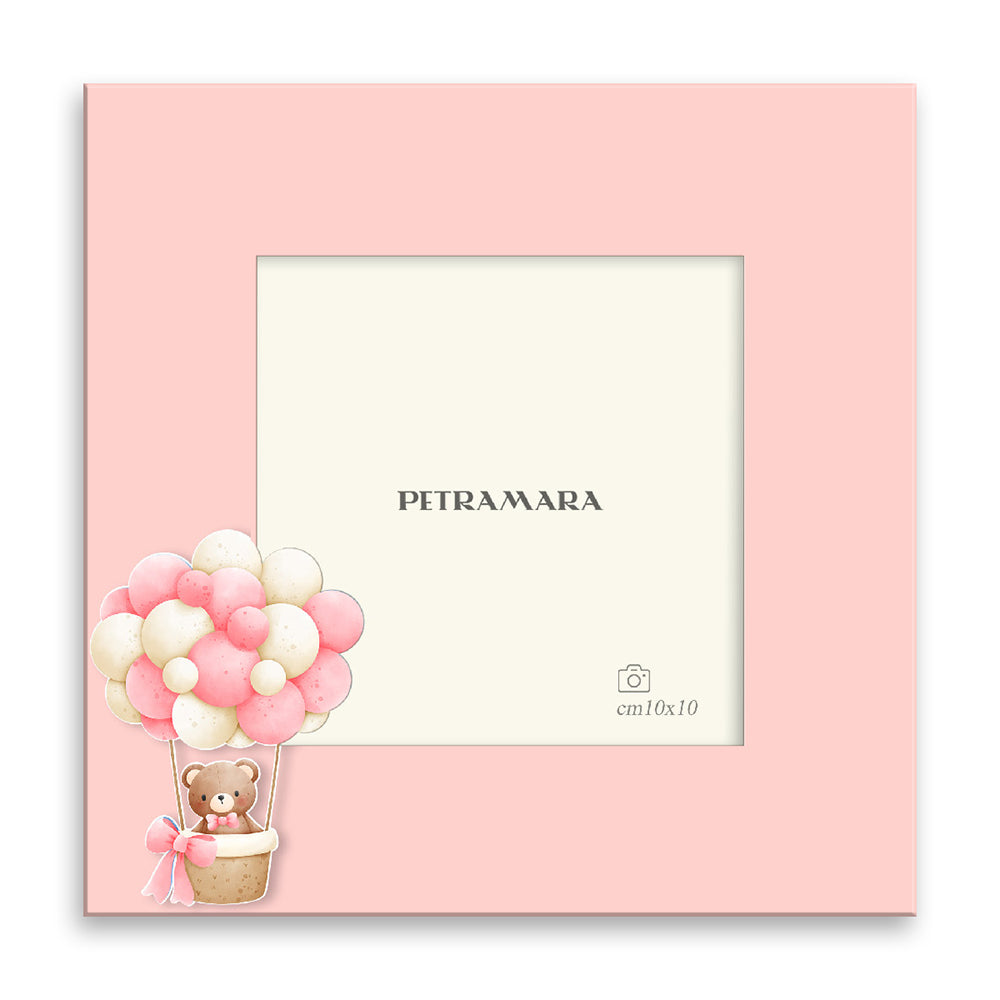 Portafoto in legno “Teddy Balloon Rosa” - Orsetto in Mongolfiera con Palloncini Rosa