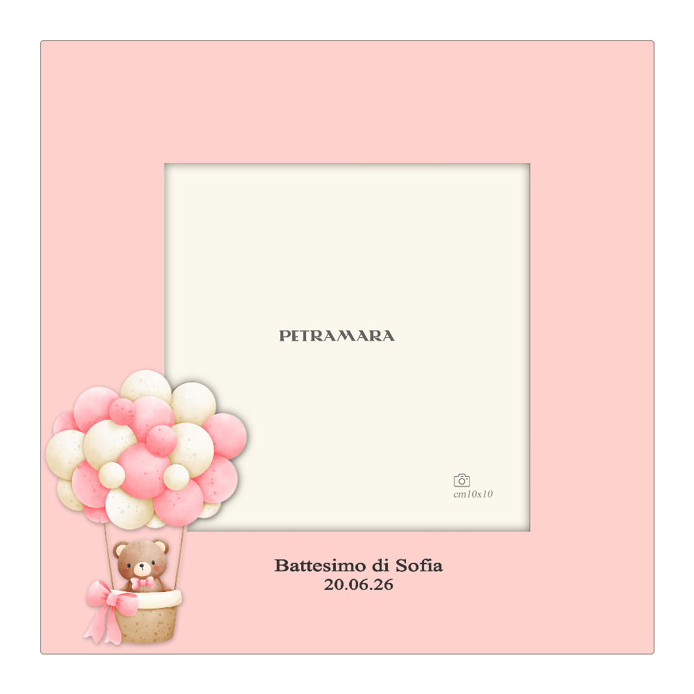 Portafoto in legno “Teddy Balloon Rosa” - Orsetto in Mongolfiera con Palloncini Rosa