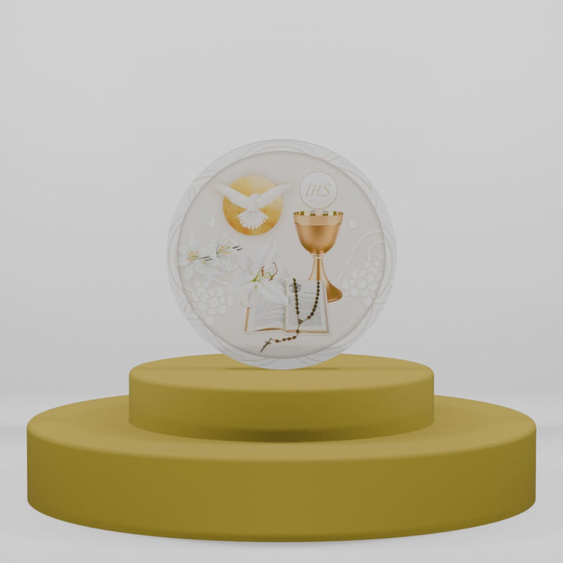 Magnete in legno per Prima Comunione con calice dorato, ostia IHS, colomba e Vangelo. Ricordo sacro per cerimonia religiosa.