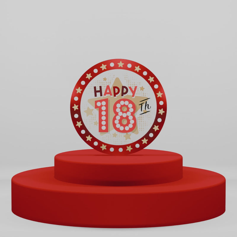 Magnete in legno per 18 anni con scritta Happy 18th rossa e oro tra stelle. Segnaposto o gadget per festa di diciottesimo compleanno.