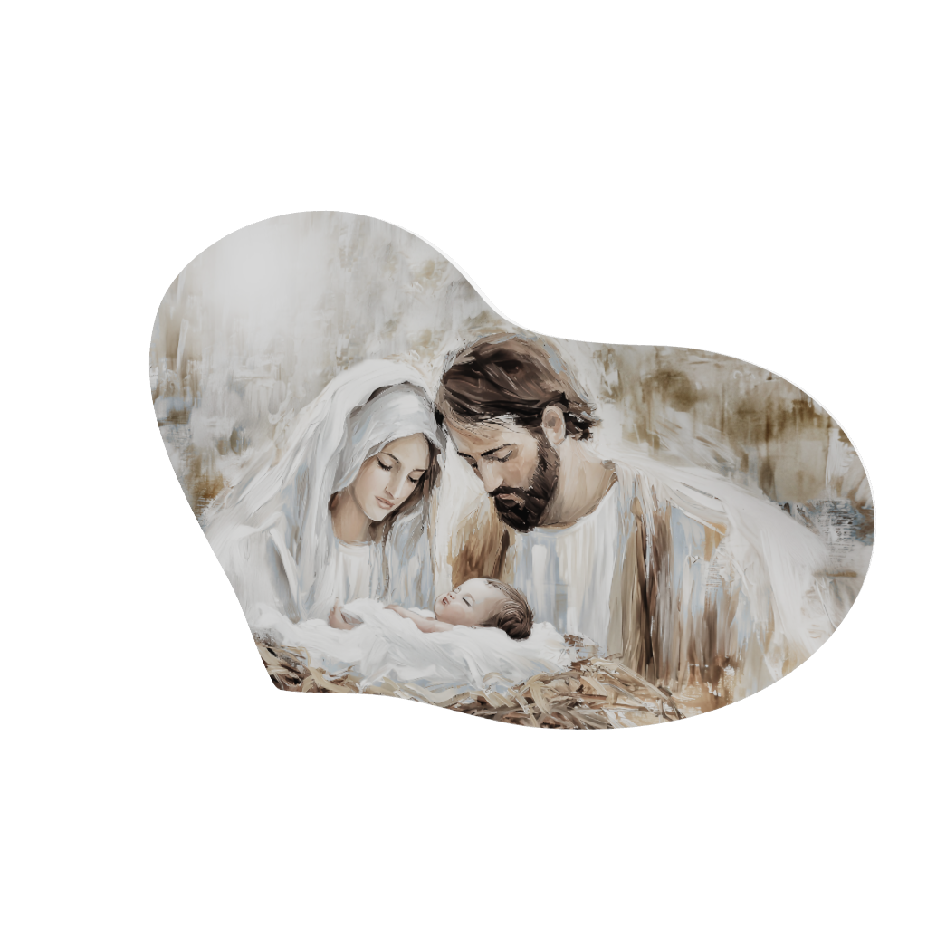 Modello 3D capezzale a cuore: Maria e Giuseppe chinati su Gesù nella mangiatoia, pennellate neutre e paglia.