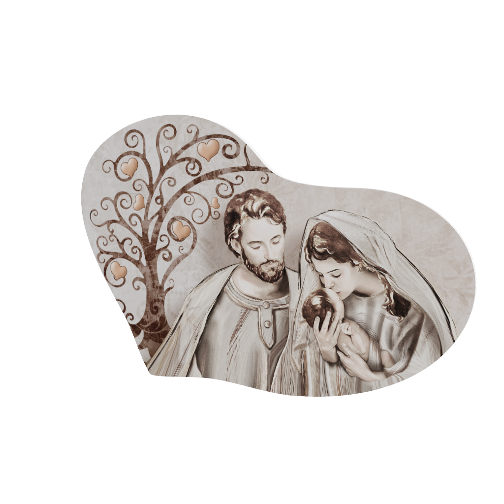 Modello 3D capezzale a cuore: Maria con Bambino e Giuseppe, albero a riccioli con cuori rame; colori seppia.
