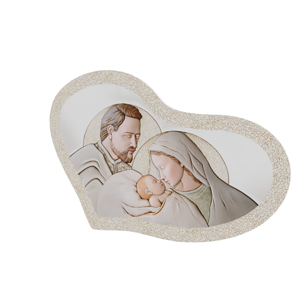 Modello 3D capezzale a cuore: Madonna e Giuseppe con aureole, Gesù addormentato; cornice a mosaico oro e fondo bianco.
