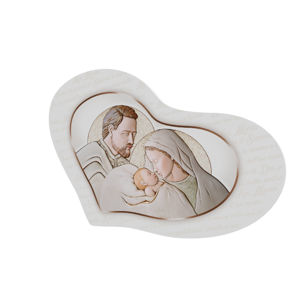 Modello 3D capezzale a cuore: Madonna e Giuseppe su Gesù in fasce, aureole oro; sfondo con scritte preghiera tono su tono.