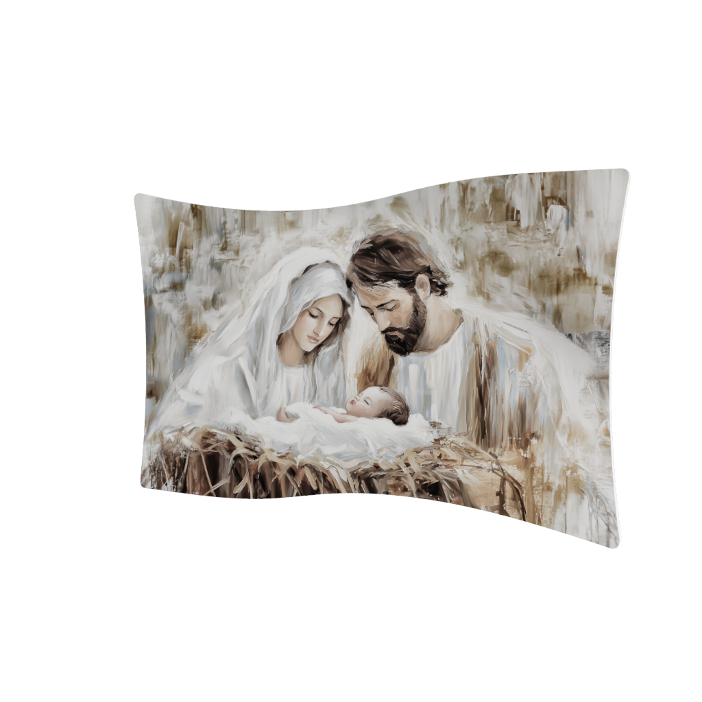 Modello 3D capezzale ondulato: Maria e Giuseppe chinati su Gesù nella mangiatoia, paglia e pennellate neutre.