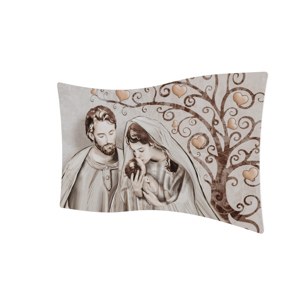 Modello 3D capezzale ondulato: Maria con Bambino e Giuseppe, albero a riccioli con cuori rame; colori seppia.