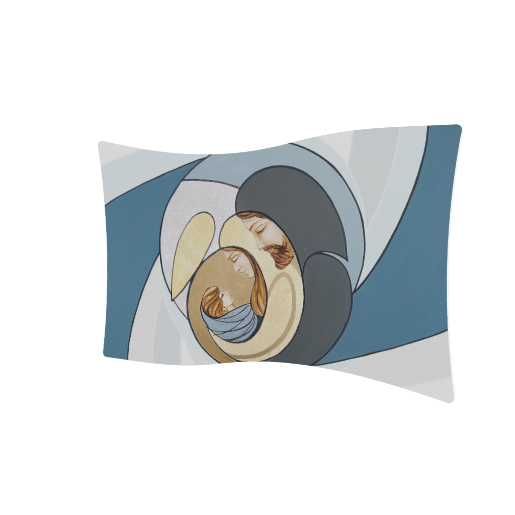 Modello 3D capezzale ondulato: Sacra Famiglia minimal in spirale, toni blu e oro, neonato al centro.