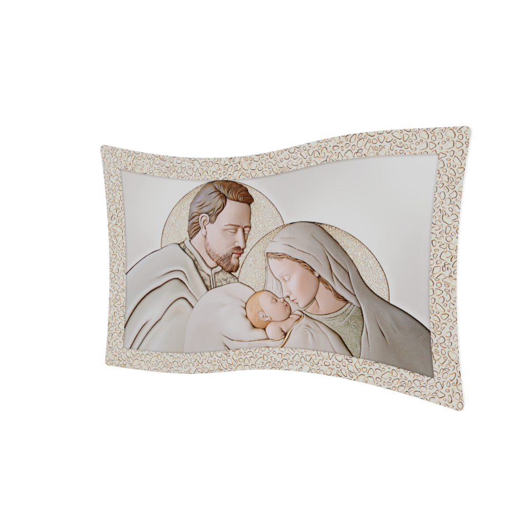 Modello 3D capezzale ondulato: Sacra Famiglia con aureole e Gesù in fasce, cornice mosaico oro.