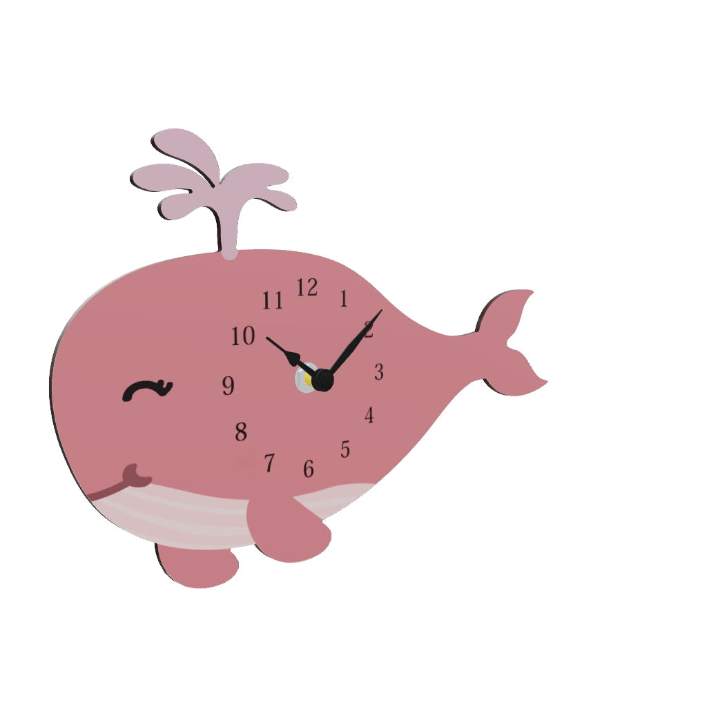 Modello 3D di orologio da parete a forma di balena rosa per cameretta, con spruzzo d’acqua, occhio chiuso e sorriso. Quadrante con numeri arabi.